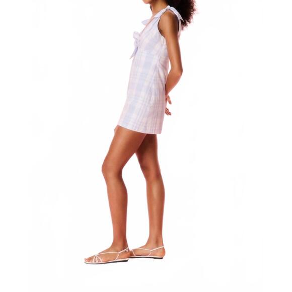 NEW LOVESHACKFANCY brynnie cotton plaid mini dress in tide pool - Picture 4 of 5